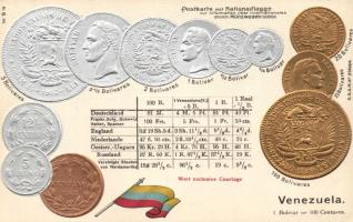 Venezuelai pénzérmék, zászló Emb. litho, Venezuelan coins, flag Emb. litho