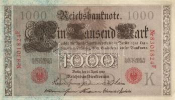 Német Birodalom / Császárság 1910. 1000M (8x) piros és zöld pecséttel T:II,III