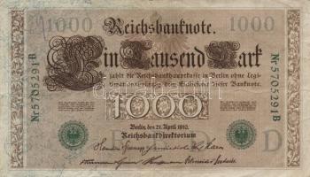 Német Birodalom / Császárság 1910. 1000M (8x) piros és zöld pecséttel T:II,III