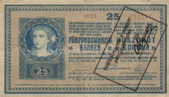 1918. 25K "sima" "3021"-as sorozatszám hamis fekete "Felülbélyegezte a magyar pénzügyminister-Solymosi" felülbélyegzéssel T:III