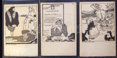 9 db-os használatlan, I. világháborús repülős, humoros grafikai képeslapsorozat