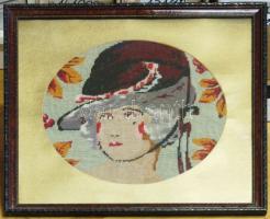 cca 1930 Fiatal hölgyet ábrázoló gobelin szép  üvegezett keretben / Vintage gobelin  55x55 cm