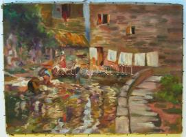 XX. sz. eleje, jelzés nélkül: Mosás a patakban, olaj-vászon, 60x40 cm