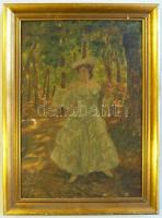 Jelzés nélkül: Hölgy sétányon, olaj-vászon (apró hibák a vásznon), jó keretben 40x60 cm