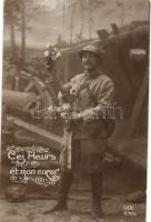 Első világháborús katonai üdvözlő lap, virágokkal, WWI French military greeting card, flowers