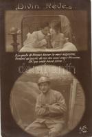 Divin Reve / WWI French military greeting card, love couple, Első világháborús francia katonai üdvözlő lap, szerelmespár