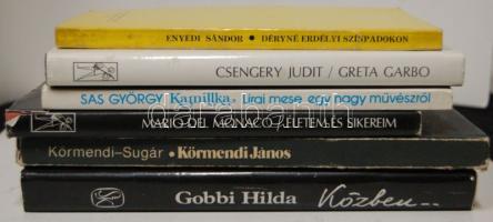 6 db előadóművész életéről szóló könyv: Greta Garbo, Déryné, Sas György, Mario del Monaco, Körmendi János, Gobbi Hilda