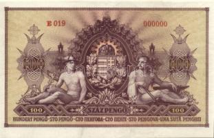 1943. "Szálasi" 100P hátoldali teljes nyomata, előlap csak alapnyomattal, sorozat és 000000 sorszámmal, benne gyári ráncok és hajtás (enyhe törés), kis folt T:II+ RR!!