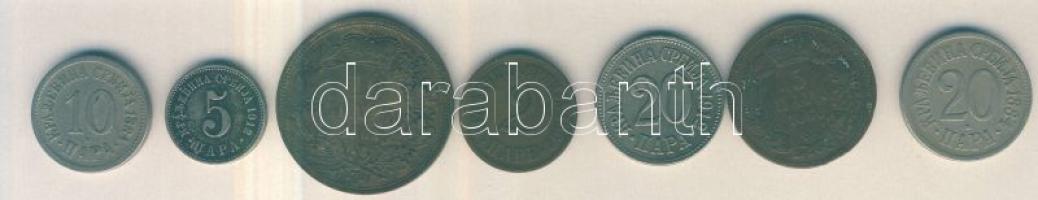 Szerbia 1868. 5P + 10P "III. Mihály" + 1884. 10P + 20P + 1904. 2P + 1912. 5P + 20P T:2,3