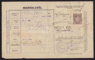 10 db marhalevél a 20-as évekből forgalmi adó bélyegekkel és Karcag városi okmánybélyegekkel