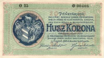 Szeged 1918. Pénztárjegy 20K-ról T:II+ (hajtatlan, csak a sarkok hajtottak kissé)