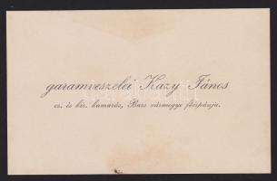 Garamveszeli Kazy János, Bars vármegye főispánja névkártyája saját kezű üdvözlő soraival