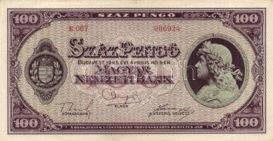 1945. 100P "büntetés" szóban "N" felett lemezhiba T:II-(elszíneződött papír)