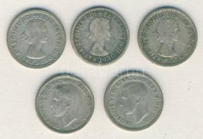 Ausztrália 1948-1957. Sixpence Ag (5x) klf évszámokkal! T:2-,3,4 / Australia 1948-1957. Sixpence Ag ...