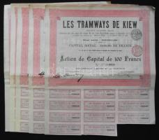 Belgium 1905. "Les Tramways De Kiew" részvénye 100Fr-ról (4x) egymás utáni sorszámokkal, szignettákkal, szelvényekkel
