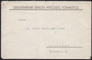 1940. írógéppel írott levél a Székesfehérvári Izraelita Hitközség Főrabbijától Dr. Heller Bernát tanár úrnak