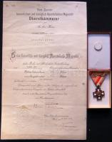 1916 Katonai érdemkereszt III. osztály viseleti példány kardokkal eredeti dobozában + eredeti adományozó okirattal T:2. / Austro-Hungarian Monarschy Military Service Cross class III. in original box and with original warrant T:EF