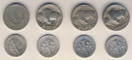 USA 1910. 5 cents Ag + 1920-36. 5 cents Ag (3x) + 1944. 1 dime Ag "Mercury" + 1949-64. 1 dime Ag "Roosevelt"  (3x) T:2,2-,3 / C:XF,VF,F