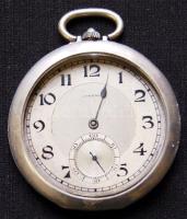 ~1930. Antik Longines márkájú sorszámozott ezüst zsebóra hiányzó üveggel és kismutatóval, működőképes állapotban de javításra szorul (br.:53.8g) / cca 1930. Antique Longines silver pocket watch with serial number, without glass and hour hand, working but needs repair (Br.:53.8g)