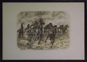 Azonosítatlan jelzéssel:  Ménes, színezett rézkarc-papír, keretben 46x65 cm