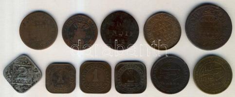 Brit Kelet India 1862. 1/4A + 1/2A + 1905. 1/4A + 1933. 2A + Holland-Kelet India 1856. 1c + 1826. 1/2St + Muscat & Oman 1897. 1/4A (2x) + Malaya 1943. 1c + Straits Settlements 1919-20. 1c (2x) T:2,2-,3,3- / British East India 1862. 1/4 Anna + 1/2 Anna + 1905. 1/4 Anna + 1933. 2 Anna + Netherlands East India 1856. 1 Cent + 1826. 1/2St + Muscat & Oman 1897. 1/4 Anna (2x) + Malaya 1943. 1 Cent + Straits Settlements 1919-20. 1 Cent (2x) C:XF,VF,F,VG