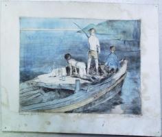 ... Béla: Horgászó fiúk. Rézkarc-papír, jelzett, (foltos) 60x40 cm