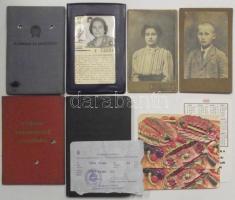 Kis igazolvány tétel fa szivarkás dobozban: katonai, gépkezelői igazolvány, bérletek, 2 db keményhát...