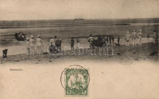Kamerun beach with German colonial soldiers and ship