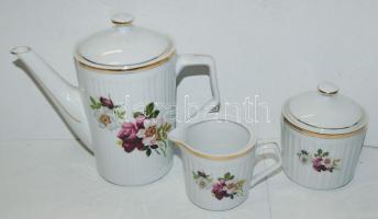 3 darabos Hollóházi porcelán kávézó készlet: kanna, cukortartó, tejkiöntő / 3 pcs Hollóházi chinaware coffee set