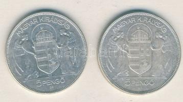 1930. 5P Ag "Horthy jobbra" (2x) T:2/2-