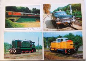 160 db vegyes vasutas képeslap vázlatfüzetbe rendezve - reprintek, MÁV szerelvények, speciális vasut...
