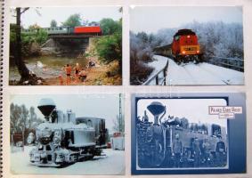 160 db vegyes vasutas képeslap vázlatfüzetbe rendezve - reprintek, MÁV szerelvények, speciális vasut...