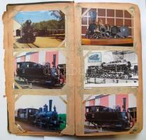 190 db vegyes vasutas képeslap régi albumba rendezve - reprintek, MÁV szerelvények, speciális vasutak, villamosok, érdekességek