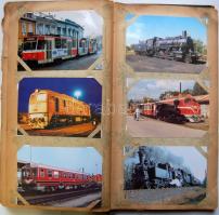 190 db vegyes vasutas képeslap régi albumba rendezve - reprintek, MÁV szerelvények, speciális vasuta...