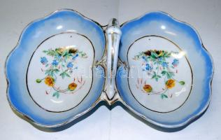 Virágokkal díszített finoman aranyozott jelzés nélküli porcelán kínáló / Chinaware bowl without sign 22x34cm