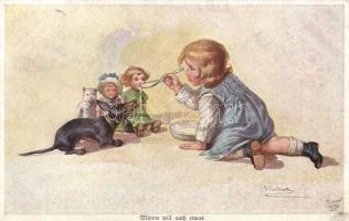Kisgyerek a babáival és kutyával, Wohlgemuth & Lissner No. 1142. s: W. Fialkowska, Child with dog and dolls, Wohlgemuth & Lissner No. 1142. s: W. Fialkowska