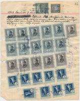 1928 Forgalmi adókönyvből kitépett lap, mindkét oldalán felragasztott magas névértékű forgalmi adóbélyegekkel