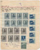 1928 Forgalmi adókönyvből kitépett lap, mindkét oldalán felragasztott magas névértékű forgalmi adóbé...