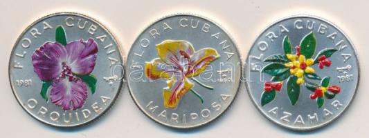 Kuba 1980-1981. 5P Ag 3 klf darab bicolor érem "Narancsvirág, Pillangójázmin, Orchidea" dísztokban T:1 /  Cuba 1980-1981. 5 Pesos Ag 3 different bicolor coin "Orange blossom (Azahar), Butterfly jasmine (Mariposa), Orchid (Orquidea)" in original box C:UNC