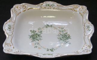 Virágokkal díszített és kézzel aranyozott dekoratív Hollóházi jelzett porcelán tál / Hollóházi chinaware bowl 25x25cm