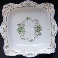 Virágokkal díszített és kézzel aranyozott dekoratív Hollóházi jelzett porcelán tál / Hollóházi china...