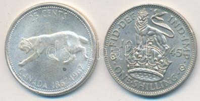 Nagy Britannia 1945. 1Sh Ag "VI.György" T:2 + Kanada 1967. 25c Ag "Jubileum" T:2...