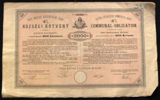 1897. Pesti Magyar Kereskedelmi Bank-Községi Kötvény 2000K-ról magyar és német nyelven szárazpecséttel