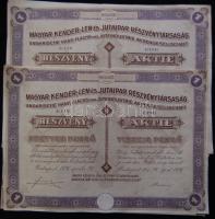 1926. Magyar Kender,-Len-és Jutaipar Részvénytársaság részvénye 40P-ről szelvényekkel (2x) egymás utáni sorszámmal