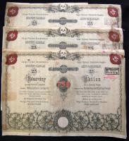 1935. Salgó-Tarjáni Kőszénbánya Részvény-Társulat részvénye 750P-ről szelvényekkel (3x) (kissé foltos, néhol szakadt a papír)