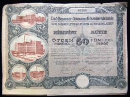 1927. "Első Budapesti Gőzmalmi Részvény-Társaság" részvénye 50P-ről szelvényekkel