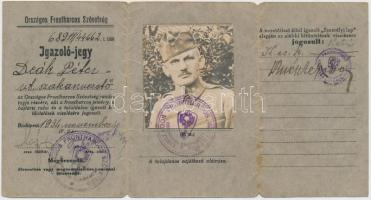 1934. Országos Frontharcos Szövetség Igazoló-jegye, frontharcos jelvény viselésére