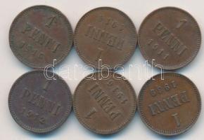Finnország/orosz fennhatóság 1909-1916. 1p (6x) mind klf évszámmal T:2 / Finland/Grand Duchy 1909-1916. 1 Penni (6x) different years C:XF