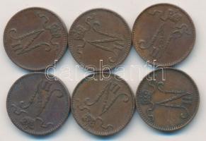 Finnország/orosz fennhatóság 1909-1916. 1p (6x) mind klf évszámmal T:2 /
Finland/Grand Duchy 1909-1...