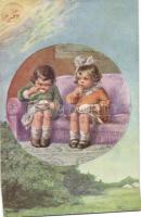 13 db háború előtti művészi Gyermek motívumlap, sok szignós / 13 Children topic cards